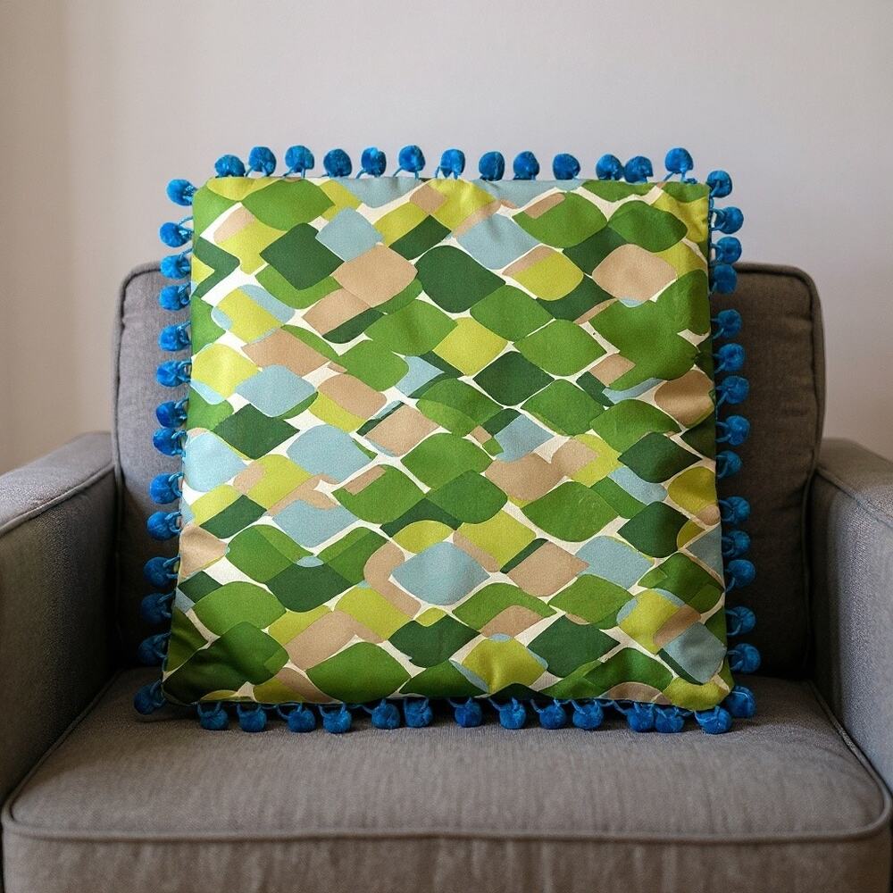 Handmade Pillow Cover 12 X 12 Retro Vintage Inspired Greens Pom Pom Trim